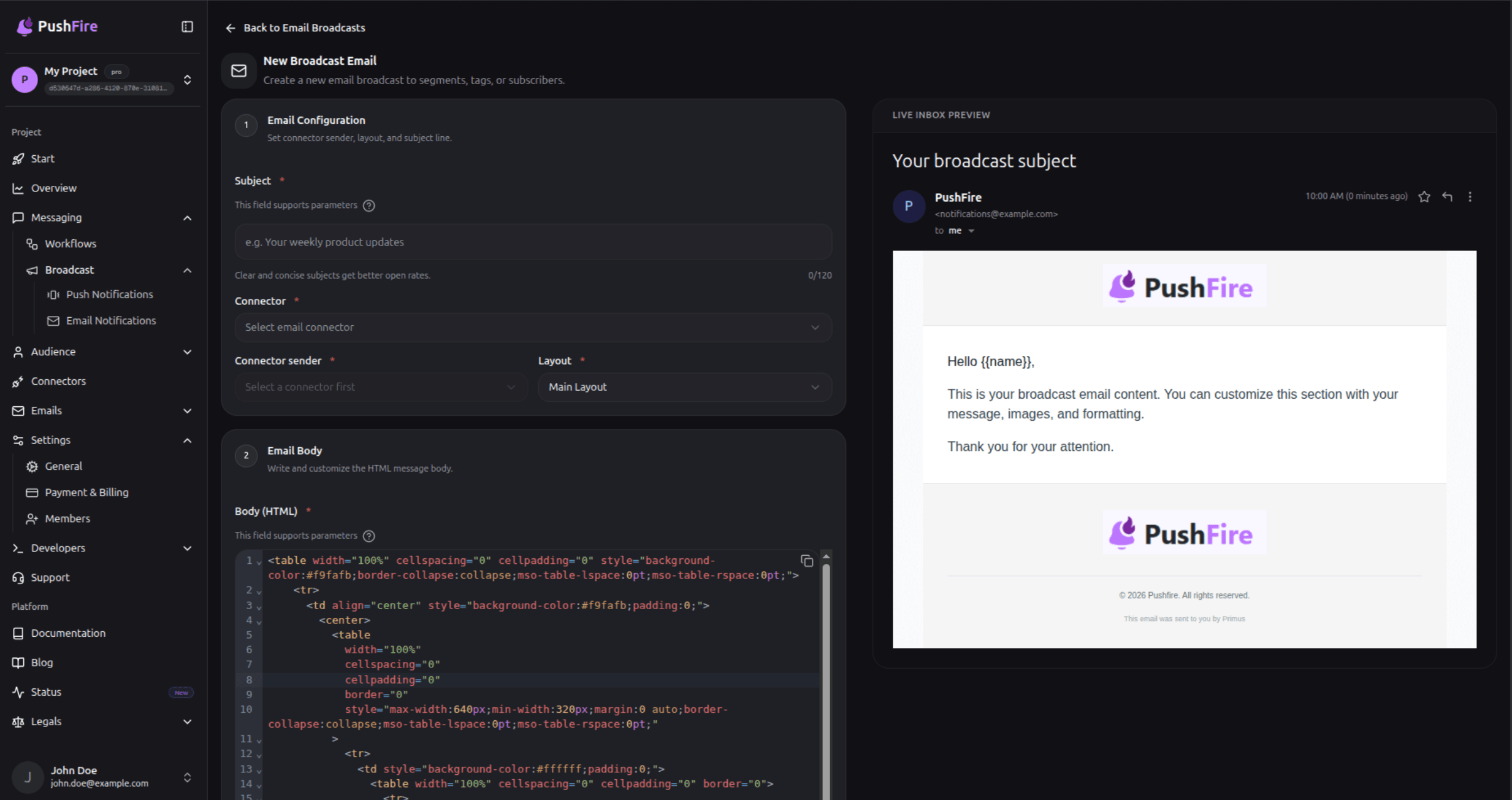 PushFire email broadcast composer