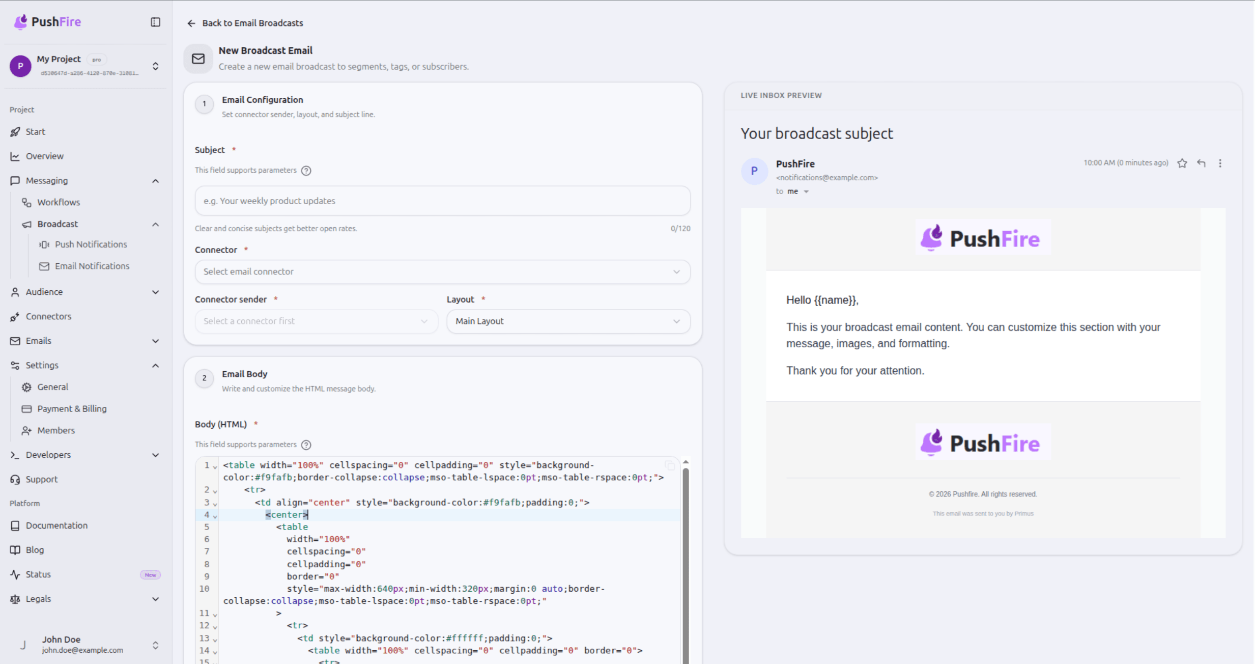PushFire email broadcast composer