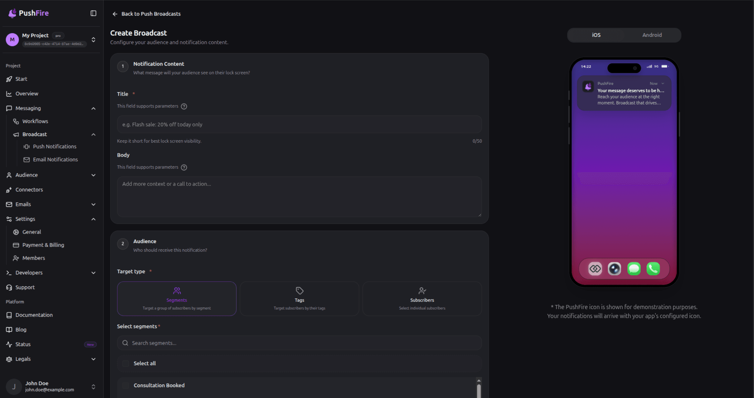 PushFire push broadcast composer