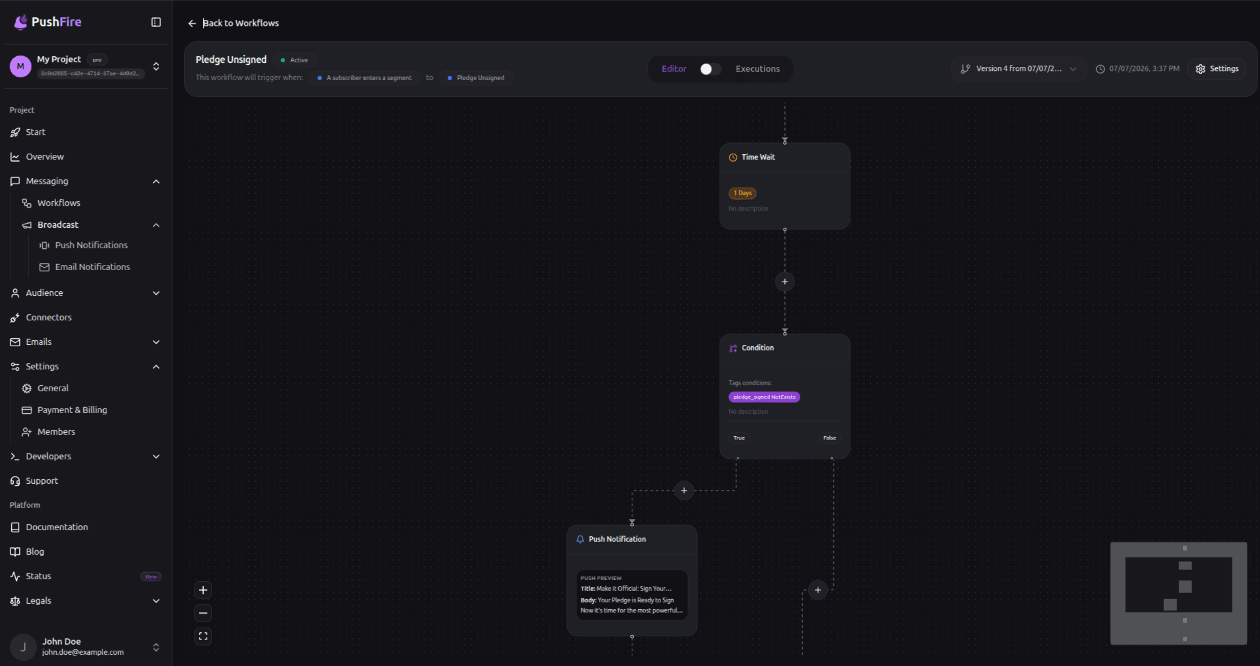 PushFire visual workflow editor