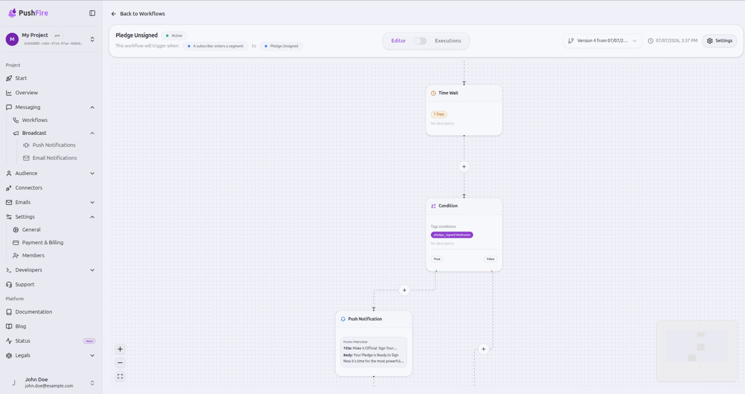 PushFire visual workflow editor