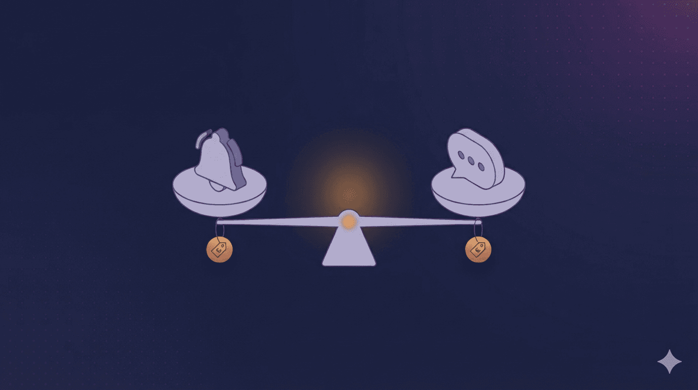 Illustration of a push notification bell and an SMS speech bubble balanced on a scale with a price tag under each, representing a OneSignal versus Twilio comparison.