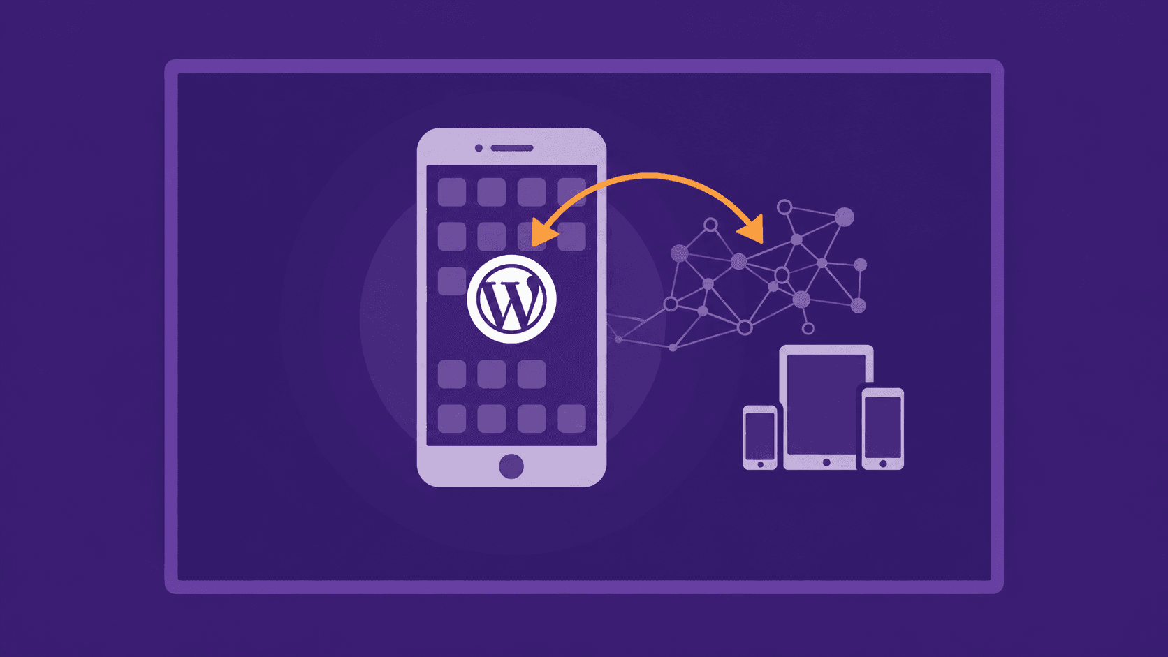 An installed PWA icon sending a push notification out to several devices, drawn in deep indigo with one amber accent.