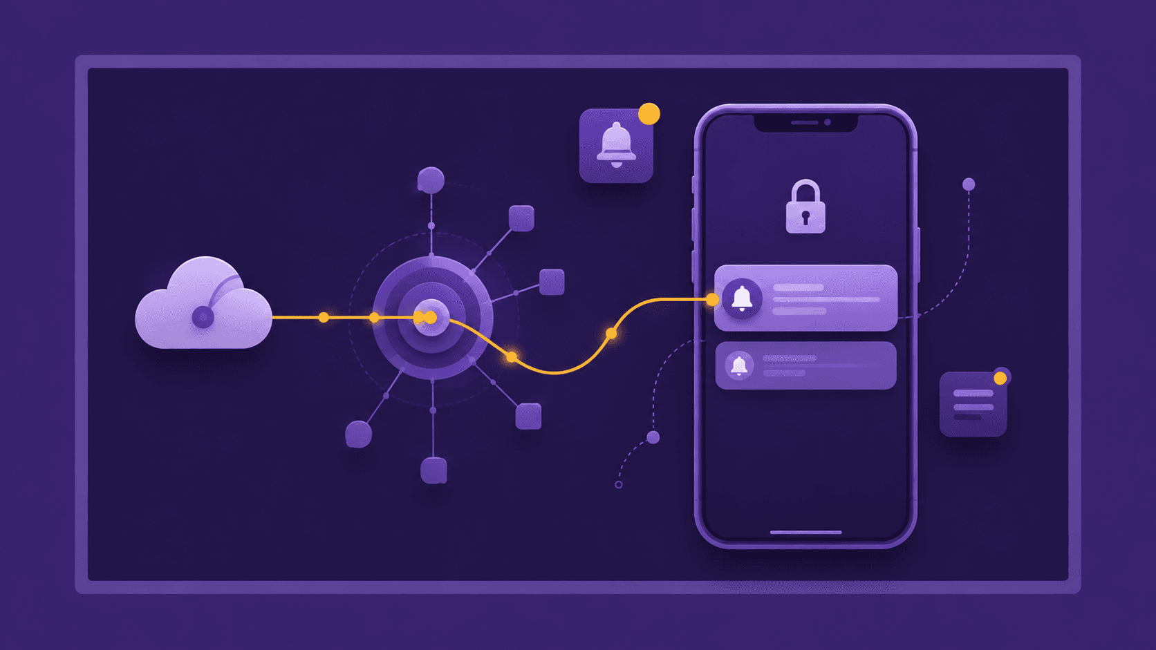 An iPhone receiving push notifications along a delivery path from a cloud symbol, drawn in deep indigo with one amber accent.