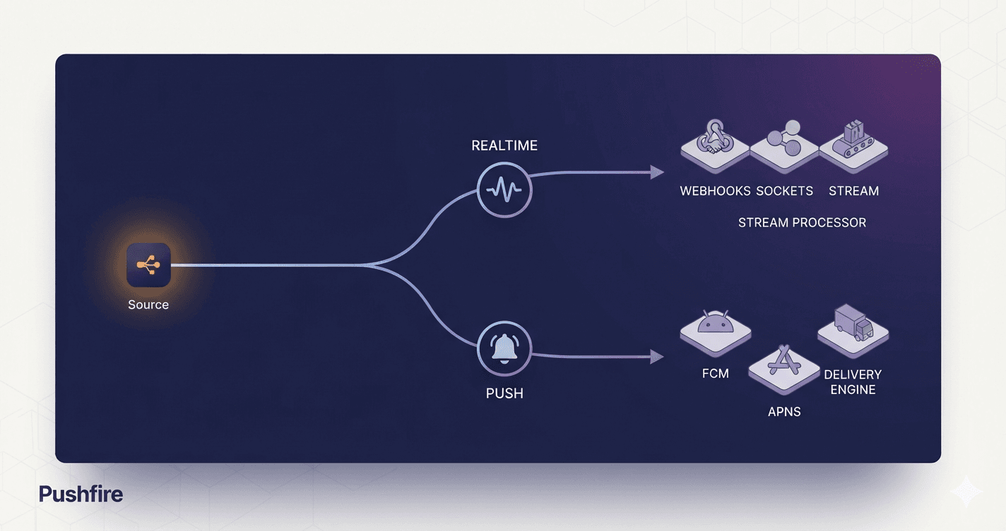 Illustration of one node splitting into a realtime waveform and a push notification bell, each leading to alternative services, representing Pusher alternatives.