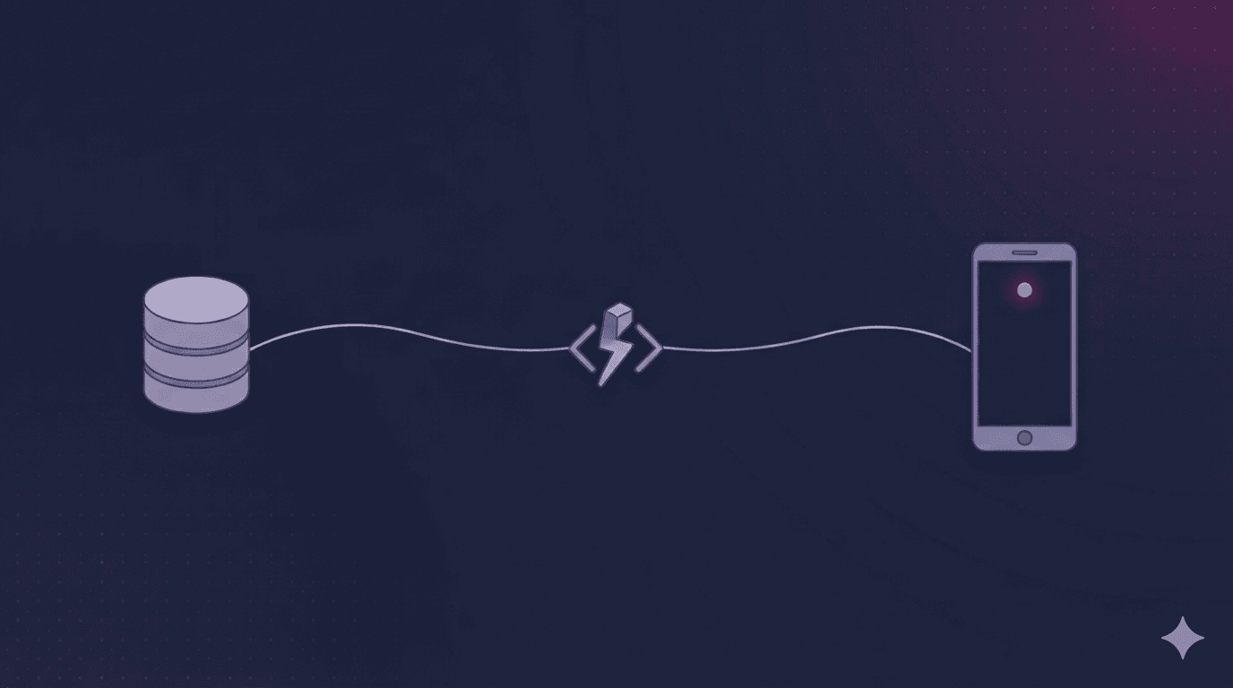 An abstract indigo illustration of a database, a serverless function, and a phone linked by flowing lines with one amber notification dot.
